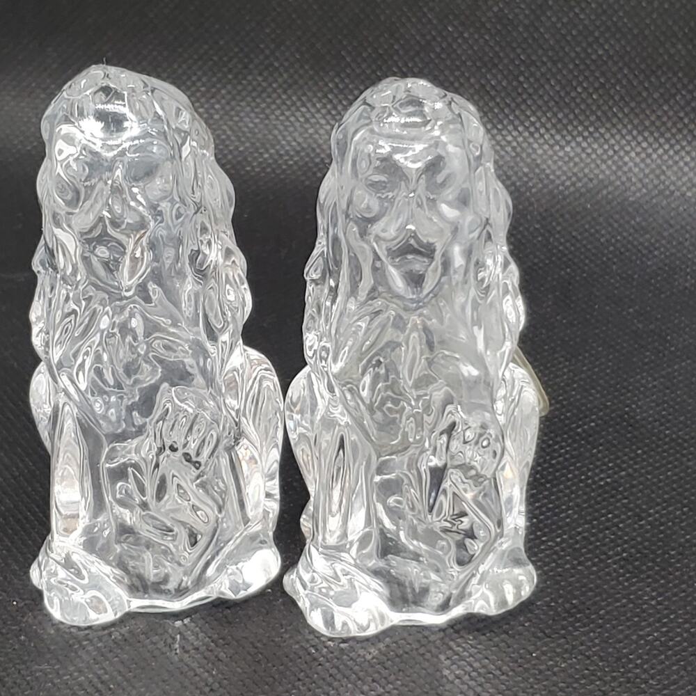 vintage Gorham crystal salt and pepper shakers in the shape of seated lions